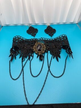 Victorian Black Lace Choker with Filigree Pendant and Chains
